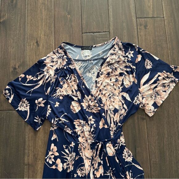 Venus Blue Floral Short Sleeve Wrap Maxi Dress 1X - Picture 3 of 5